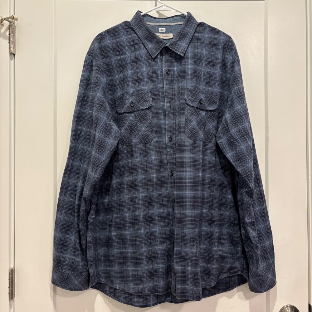 James Campbell Mens XXL Blue Plaid Long Sleeve Button Down Cotton Shirt